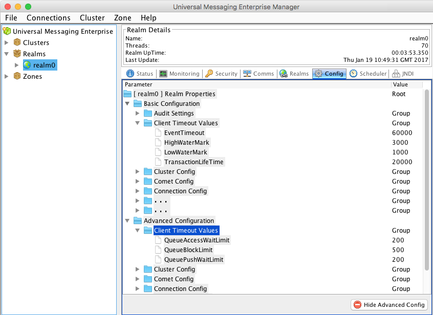The image shows the Configuration tab of the Enterprise Manager, which contains different Basic and Advanced Configuration settings.