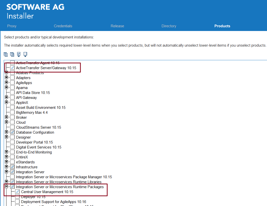 Software AG installer, product selection.