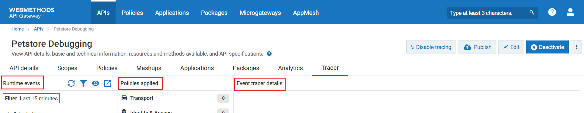 runtime events in trace api page