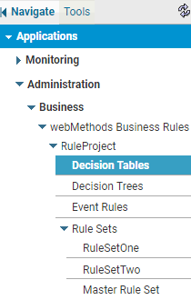 Menu items for a rule project entry