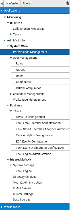 Navigate tab of the left hand side menu in My webMethods