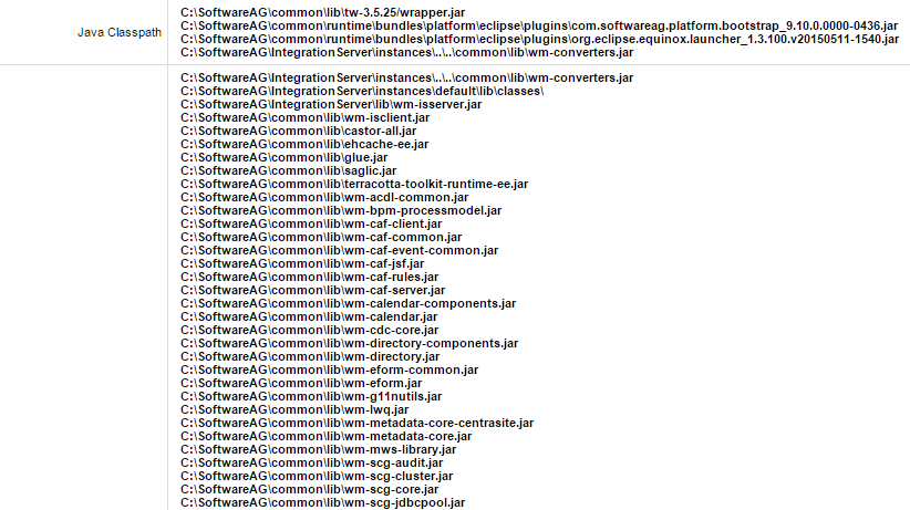 Example of the Integration Server classpath displayed in Integration Server Administrator