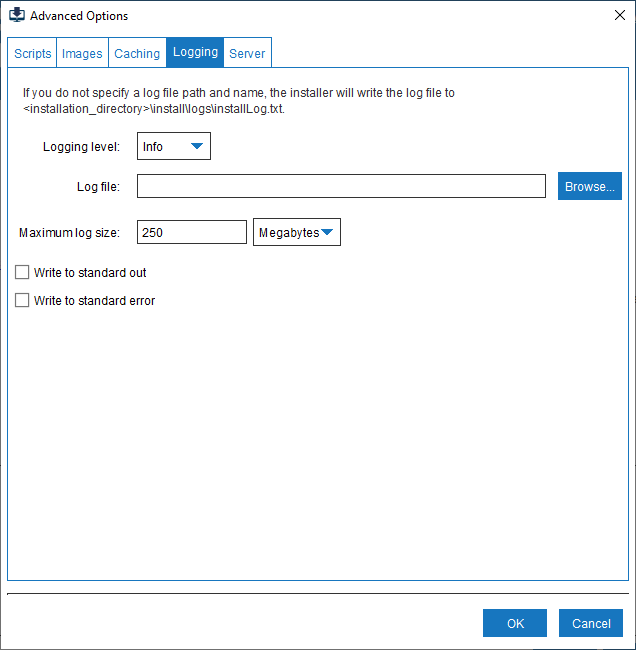 Advanced Options - Logging tab